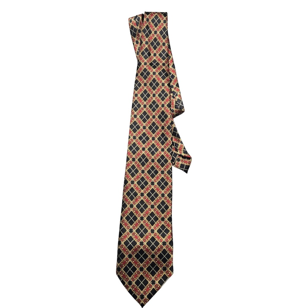 Giorgio Armani Silk‎ Tie Mens Black Red Gold Geometric Chain Pattern Necktie